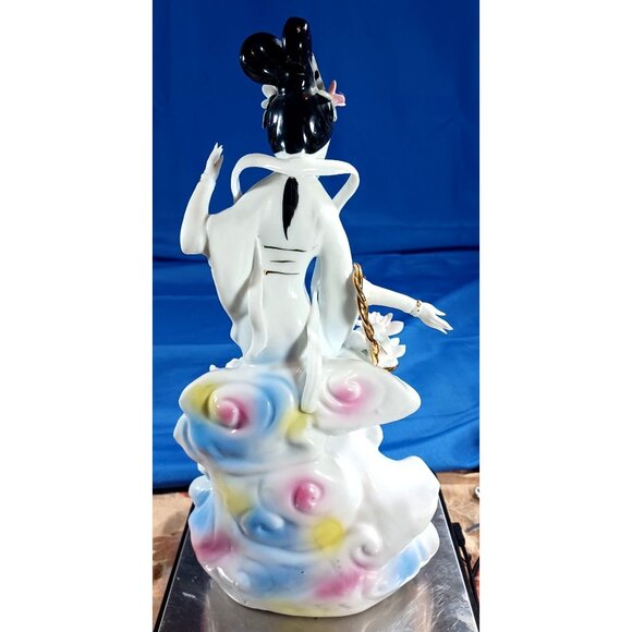 Vintage Delicate Porcelain Geisha Goddess Standing on Cloud With Flower Basket - Picture 12 of 16